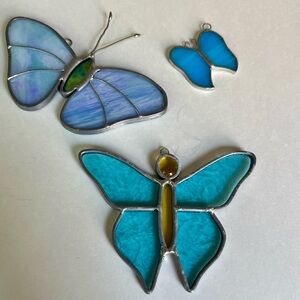 Stained Glass Butterfly Set Window Decor Blue Sun catcher 3 pcs.